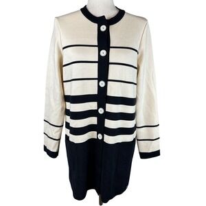 Saint James Womens Long Button Up Cardigan Size 8 Navy Ivory Stripe Wool Pockets
